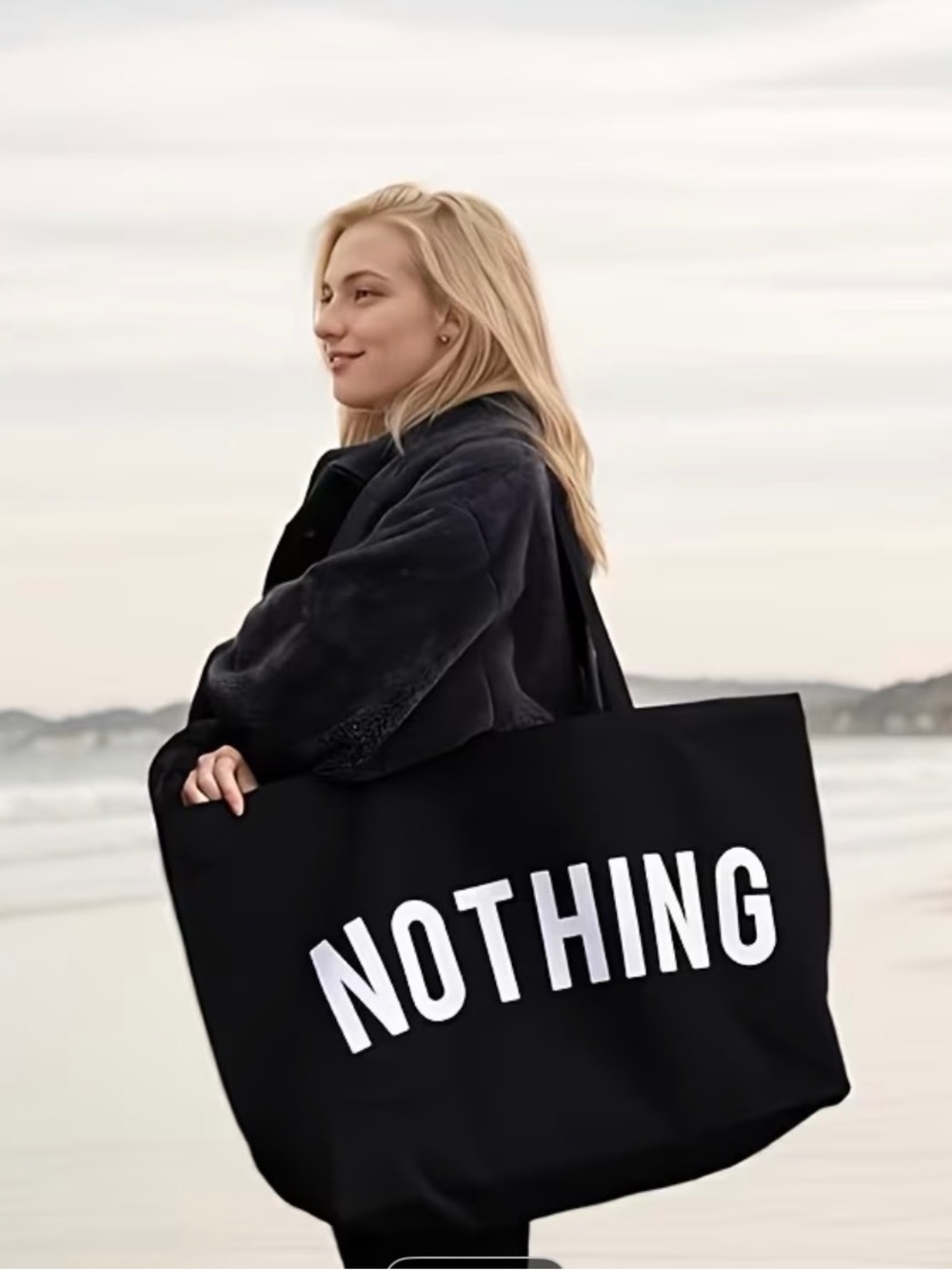 Black Canvas Tote with White "NOTHING" Print